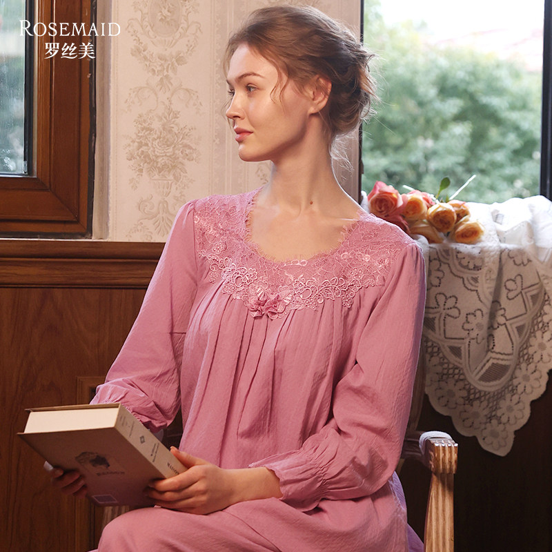 罗丝美春夏新款15042纯棉提花皱布圆领套头镶蕾丝长袖睡衣套装女