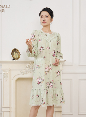 罗丝美秋冬新款14212纯棉双层纱印花圆领半开襟玫瑰印花长袖睡裙