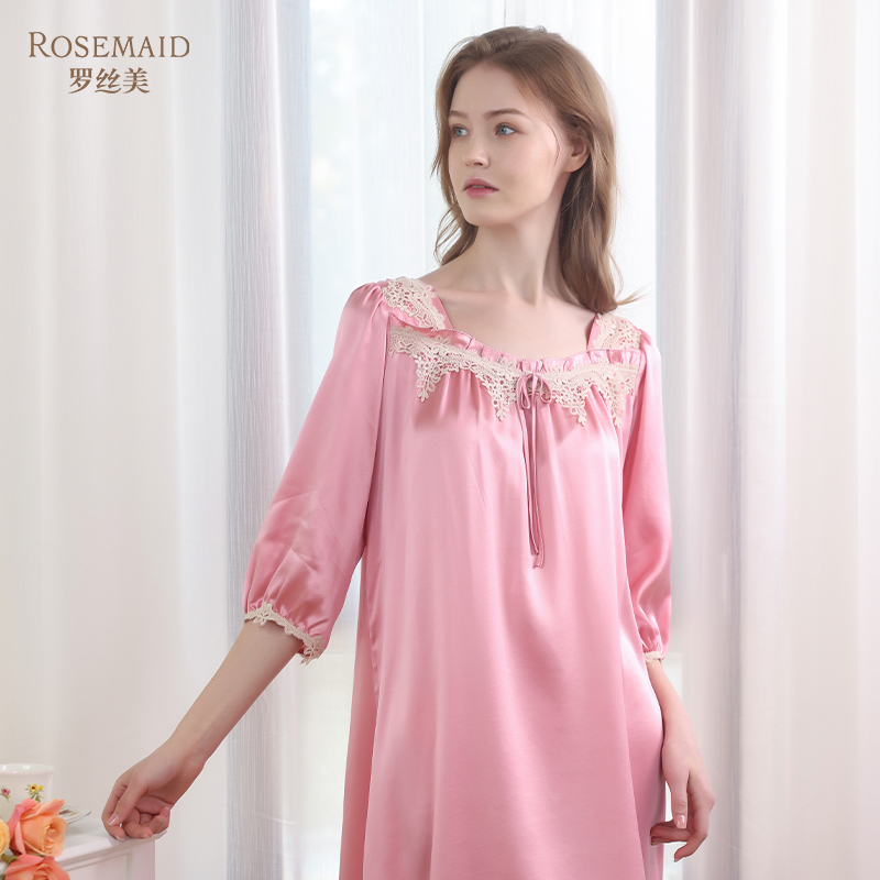 罗丝美100%桑蚕丝中袖睡裙家居服