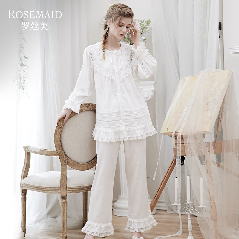 Rosemaid/罗丝美秋冬 纯棉圆领镶蕾丝全开襟长袖长裤衣裤套12240