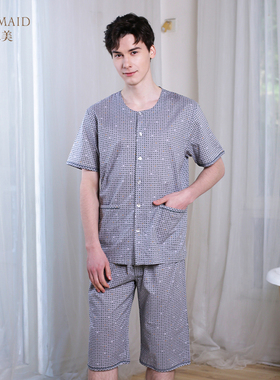 罗丝美100%棉男士家居服无领短袖中裤睡衣休闲居家衣裤套装63062