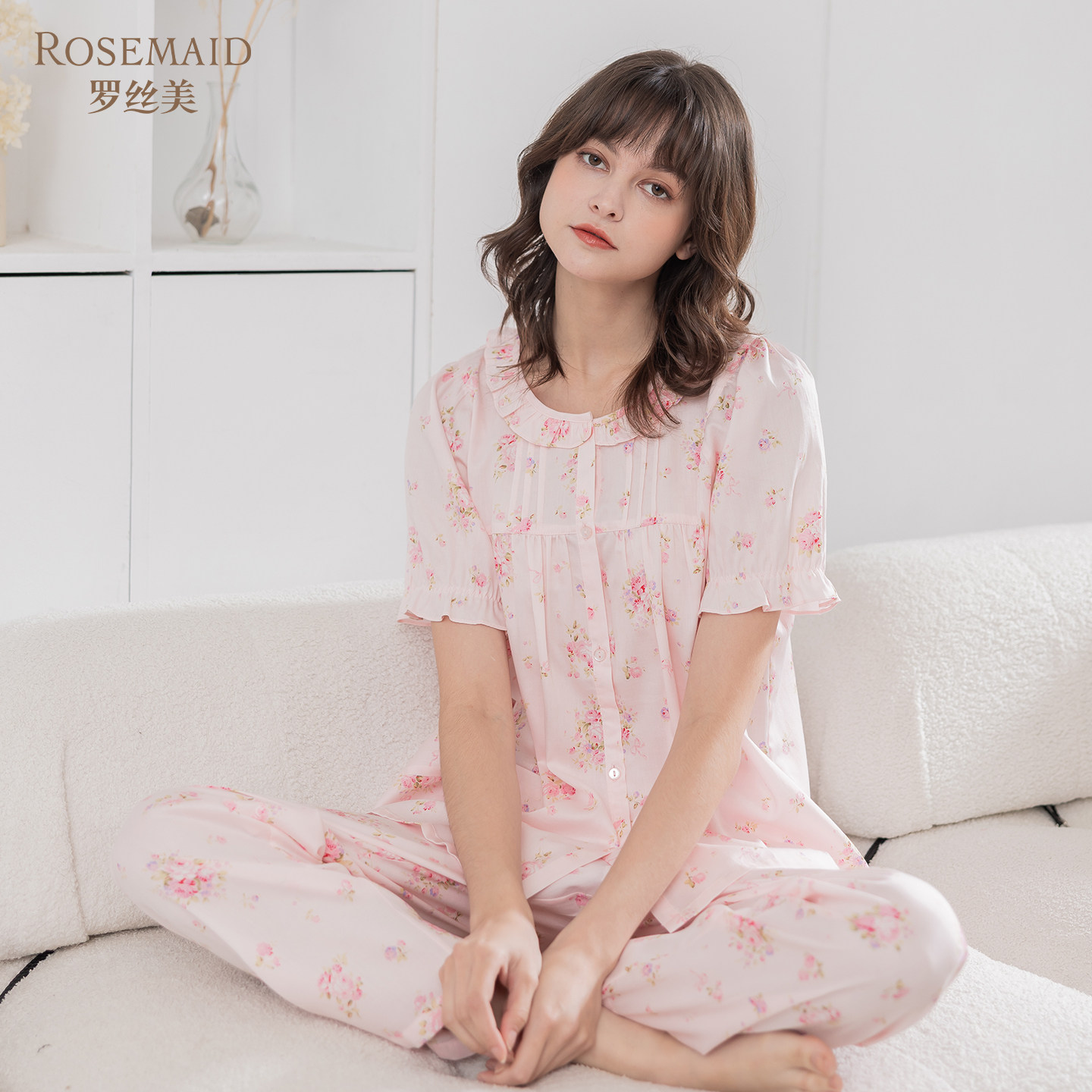 罗丝美春夏新16071纯棉贡缎印花高级感圆领全开襟短袖睡衣女套装,女士内衣/男士内衣/家居服,睡衣/家居服套装,淘宝优惠券,粉丝福利购,淘宝优惠卷