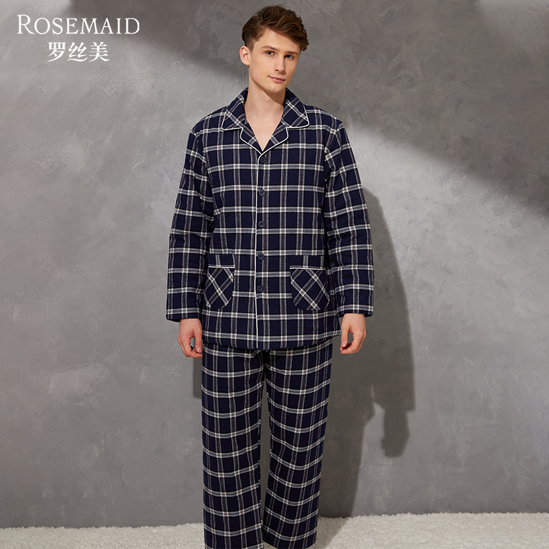 罗丝美磨毛色织格国民领夹棉衣裤