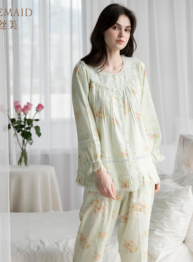 Rosemaid/罗丝美纯棉印花睡衣套装圆领全开襟镶蕾丝家居服12041