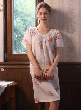 Rosemaid/罗丝美2025春夏新15029纯棉双层纱玫瑰印花V领套头睡裙