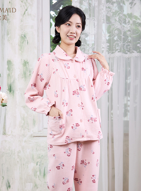 罗丝美秋冬新款14245纯棉暖棉布印花小翻领全开襟长袖睡衣家居服