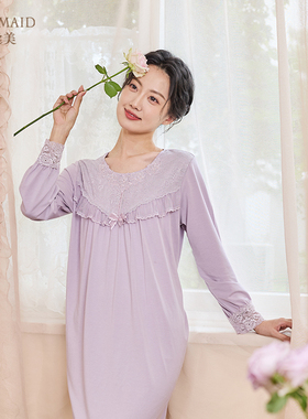 罗丝美2024秋冬新品14216棉+莫代尔针织圆领套头长袖中长款睡裙