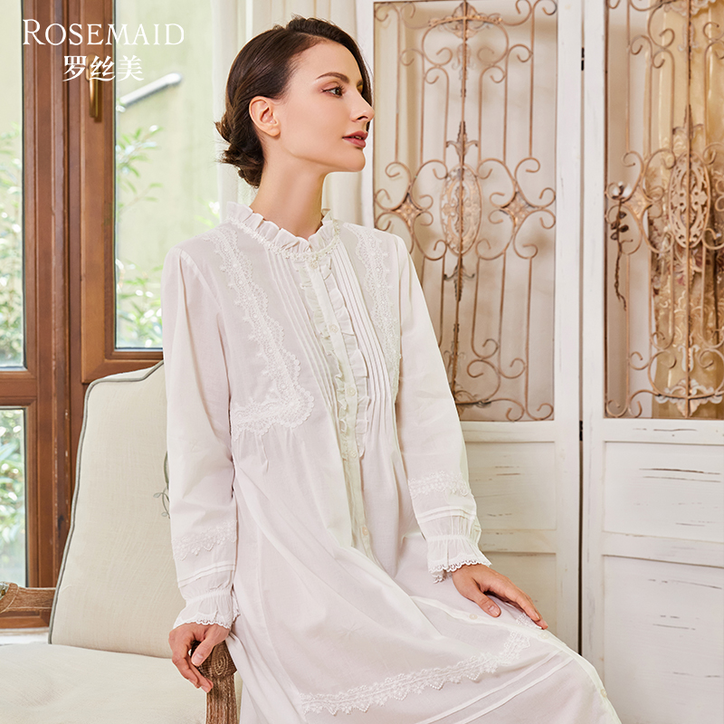 圆领木耳边长袖睡裙罗丝美棉春夏