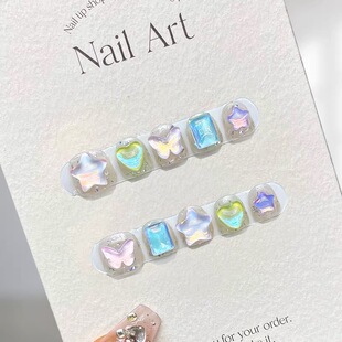 纯手工儿童穿戴甲女孩美甲贴片极光糖果小朋友彩色钻石宝宝指甲片