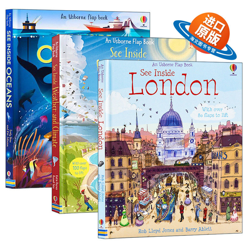 英文原版 Usborne See Inside 看里面系列纸板翻翻书3册 儿童英语科普读物 揭密伦敦/海洋/天气和气候 英文版 进口原版英语书籍