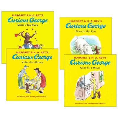 英文原版 Curious George 好奇猴乔治系列4册 儿童趣味图画故事绘本 去看电影/去动物园/去玩具店/参观图书馆 英文版 进口原版书籍