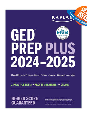 英文原版 GED Test Prep Plus 2024-2025卡普兰GED考试备考指南 含2套试题+1千道问答+60小时在线视频教学 英文版进口英语原版书籍