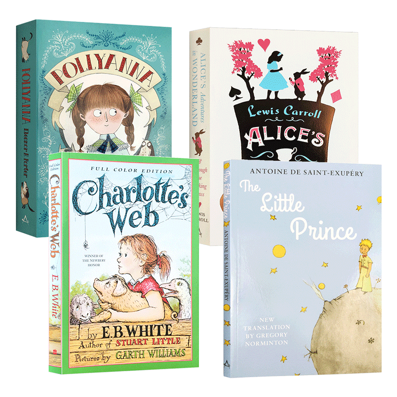 儿童文学经典4册 夏洛特的网 英文原版小说 Charlottes Web 小王子 爱丽丝梦游仙境 波利安娜 英文版进口英语课外阅读书籍