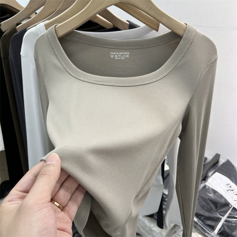 통관 누설 브랜드 할인 꼬리 상품 컷 스탠다드 사각 칼라 노출 쇄골 실 긴팔 티셔츠 여성 이너 레이어드 탑