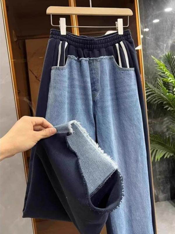 미국 패션 브랜드 하이 스트리트 중공업 여성용 신축성 있는 허리 로우 엣지 데님 스웨트 팬츠 2024 가을 새로운 캐주얼 와이드 레그 팬츠