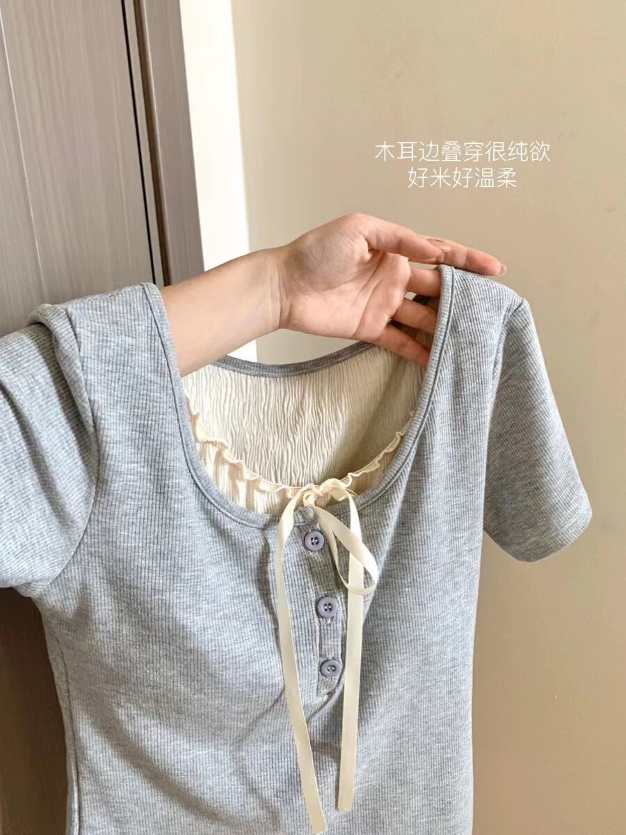 한국 딸의 복고풍 가짜 투피스 디자인 틈새 반팔 티셔츠 여성 여름 순수한 정욕 스타일 슬림 짧은 탑