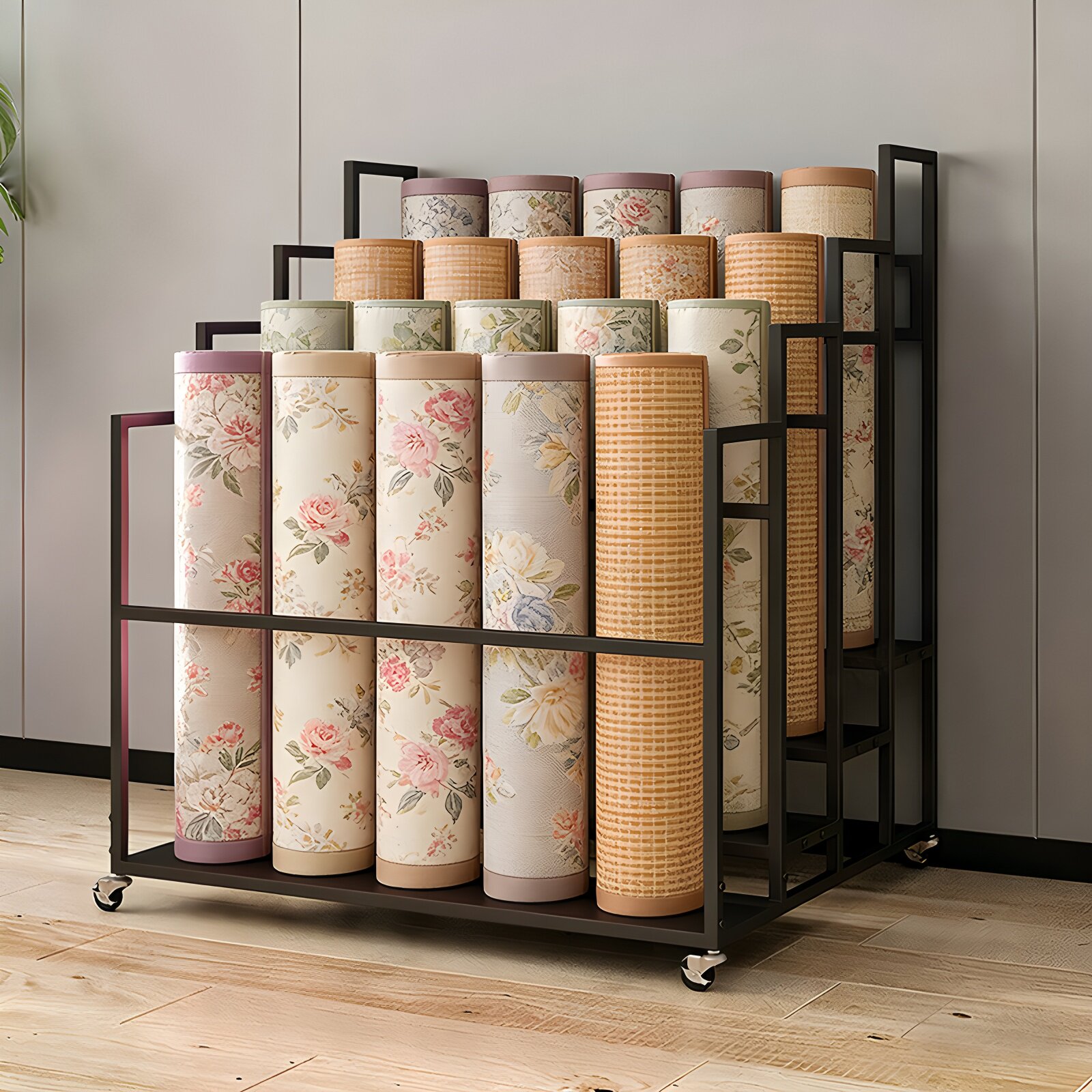 铁艺多层卷材展示架可放凉席移动收纳架家用商用陈列架带轮置物架