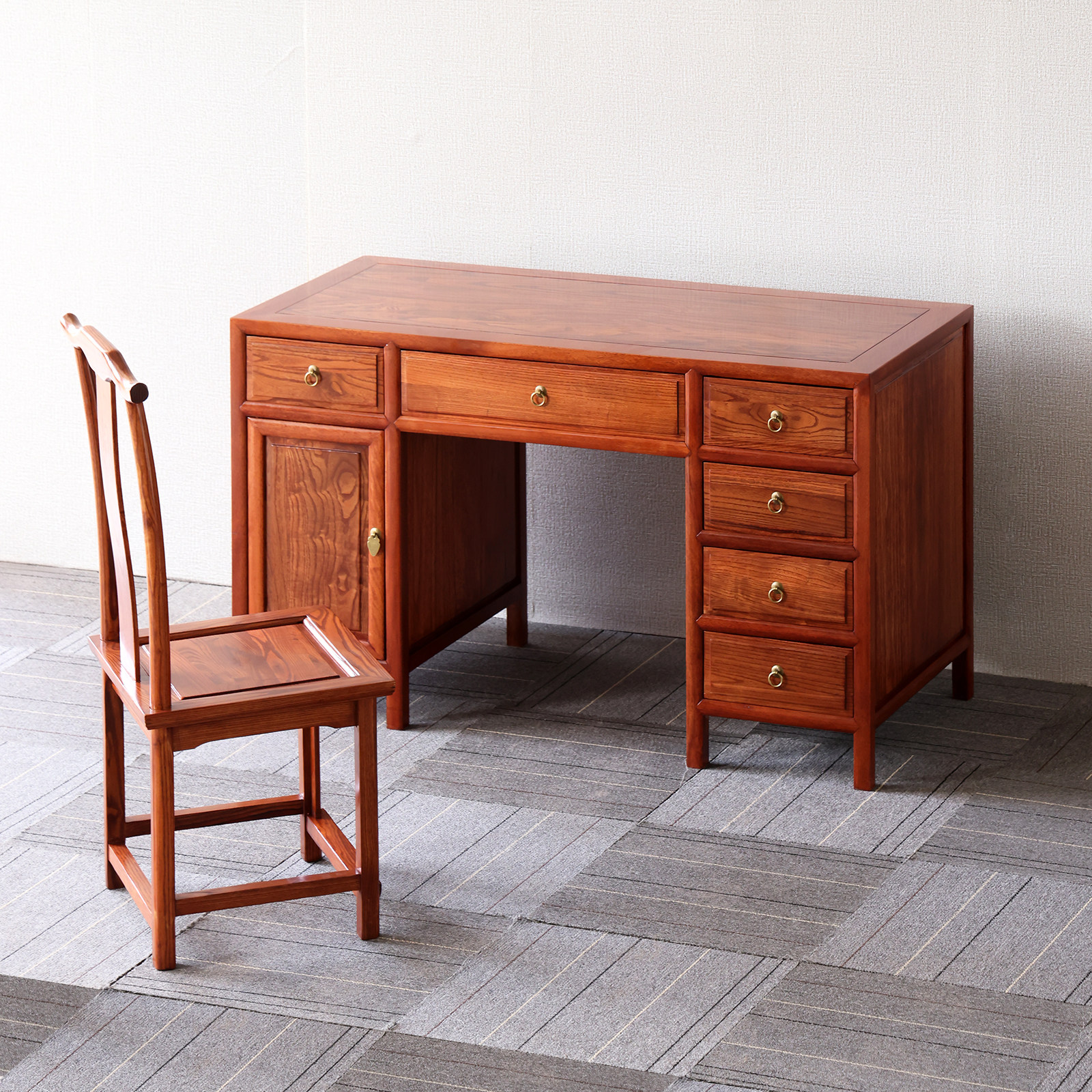 实木电脑桌椅组合中式仿古榆木雕花办公书桌家用写字台中医门诊桌