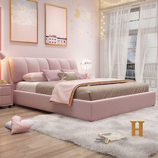 科技布粉色公主床女孩实木框架布艺床现代简约公主风主卧大床储物