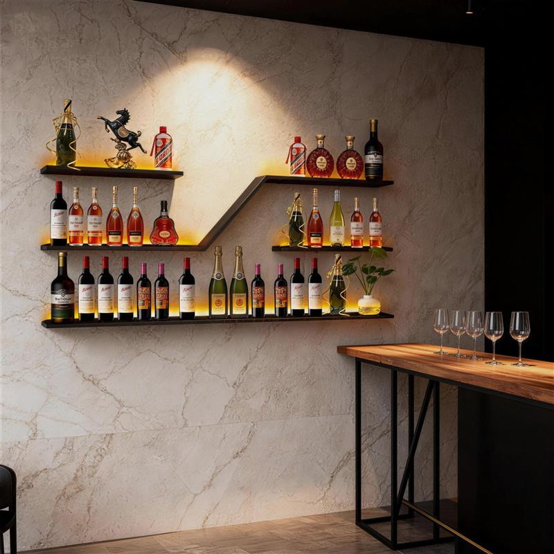 工业风复古壁挂酒架清吧餐厅墙上红酒展示架创意铁艺灯光装饰柜