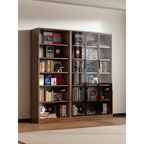 全实木书柜组合书架客厅带玻璃门落地储物柜简约大容量橱柜家具柜