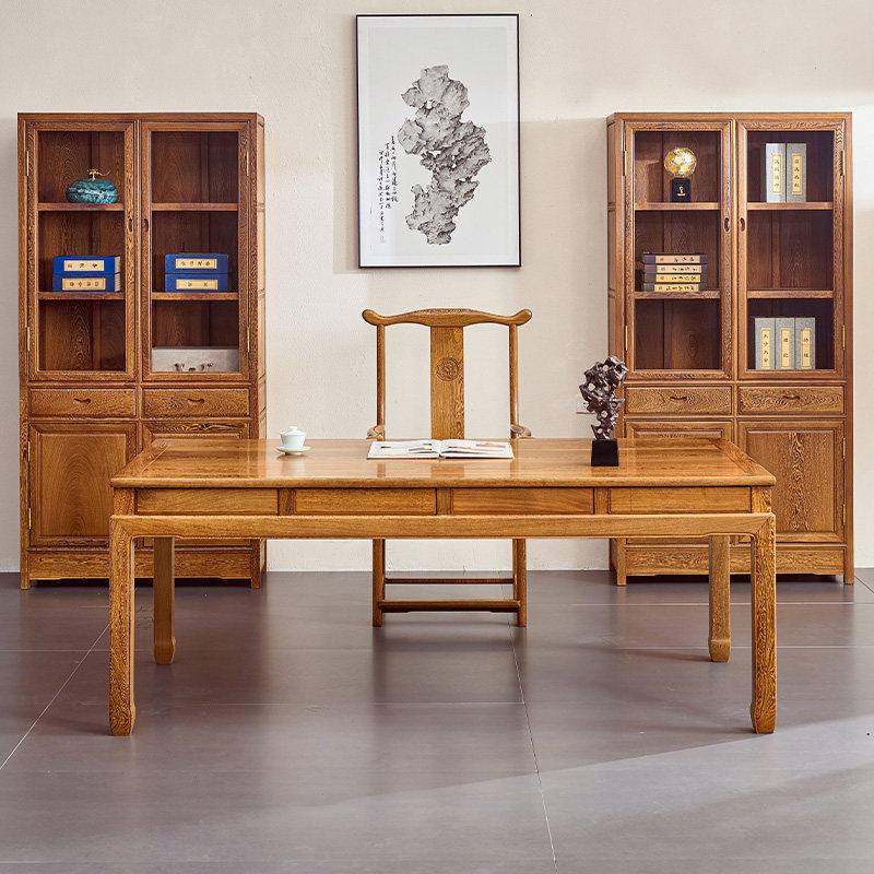 鸡翅木书桌新中式办公桌全实木书房写字台红木长桌原木书画案家用