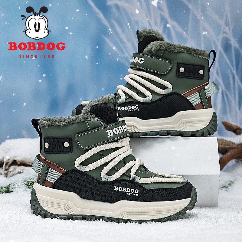 巴布豆男童雪地靴冬季2025新款中大童男孩加绒加厚儿童保暖大棉鞋