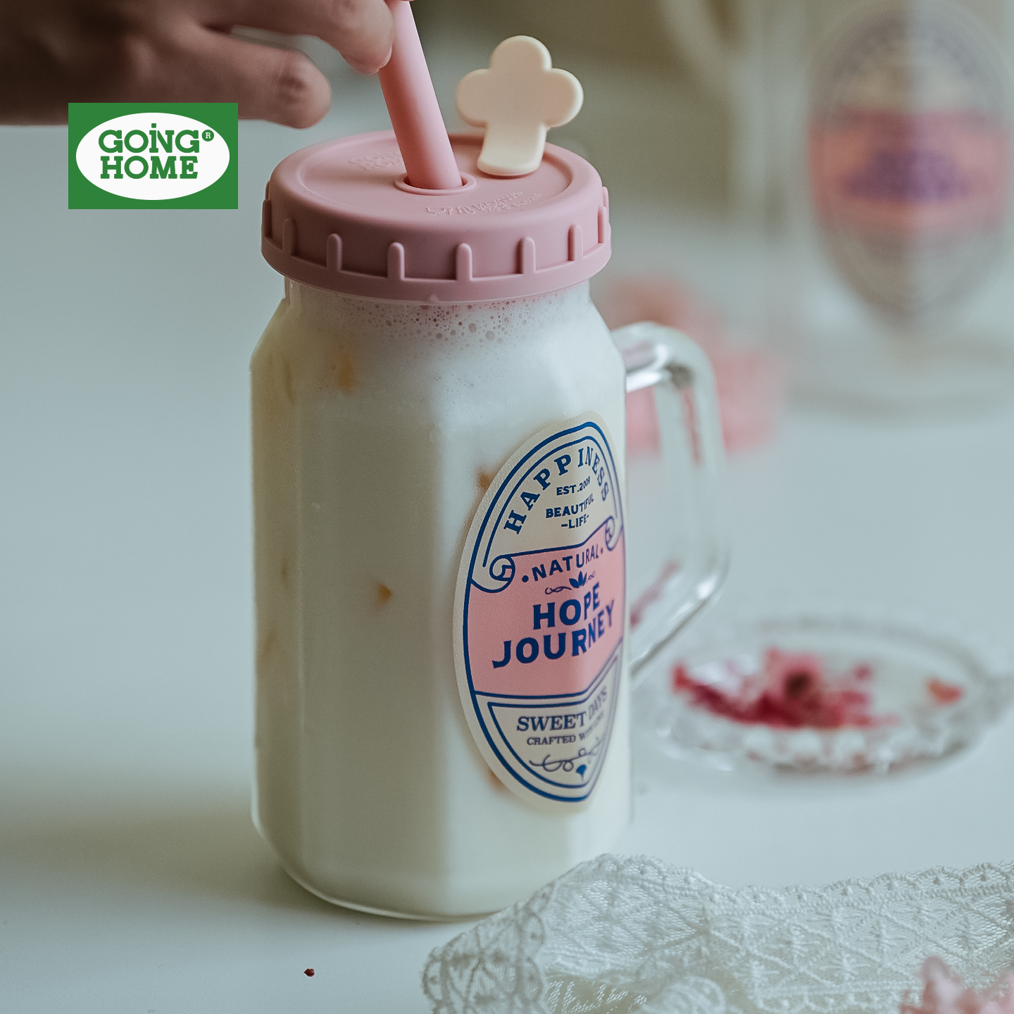 女生粉嫩玻璃吸管杯耐高温带把手