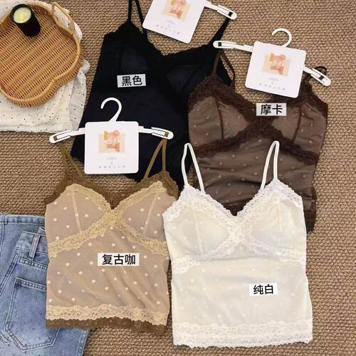 3002秋冬新款法式蕾丝波点背心女修身内搭带胸垫打底外穿美背吊带