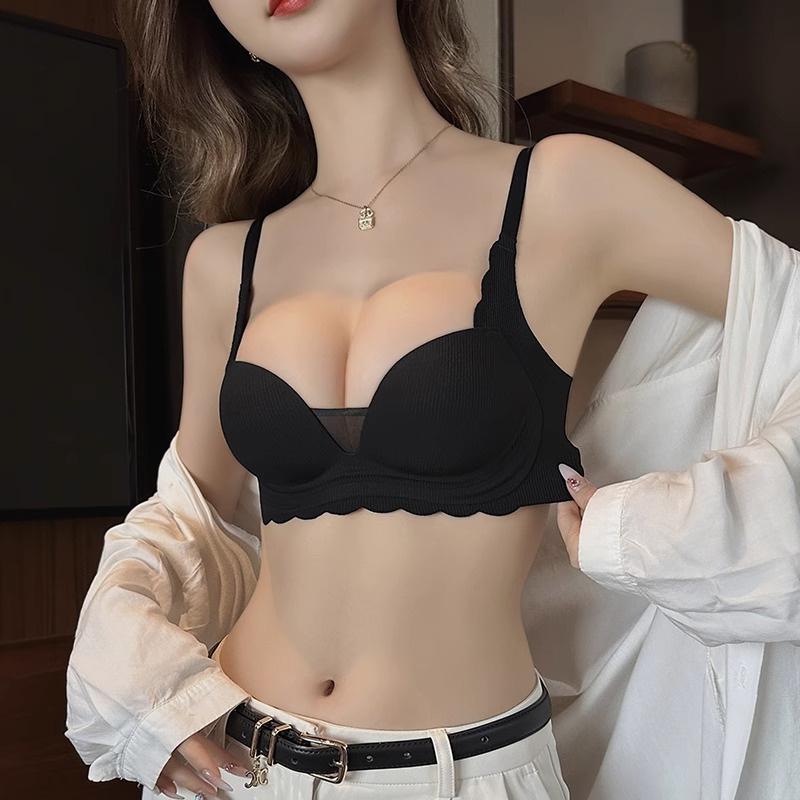 内衣女小胸聚拢显大加厚果冻条收副乳防下垂平胸专用文胸内裤套装