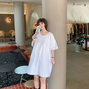 大圆领短袖t恤女2026新款胖mm中长款大版宽松大码遮肚连衣裙200斤