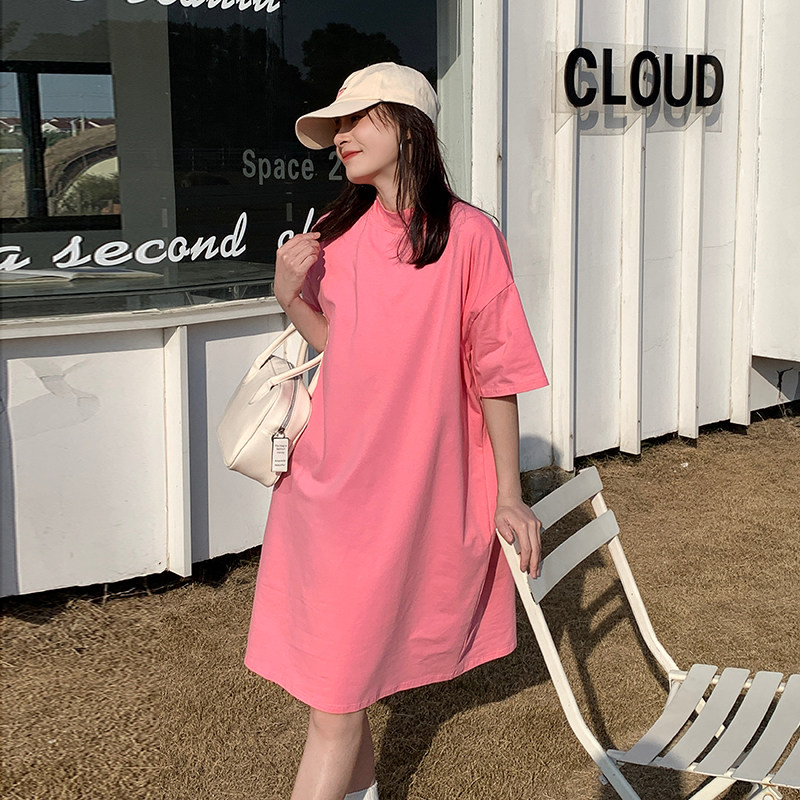 长款粉色半高领短袖t恤女纯棉