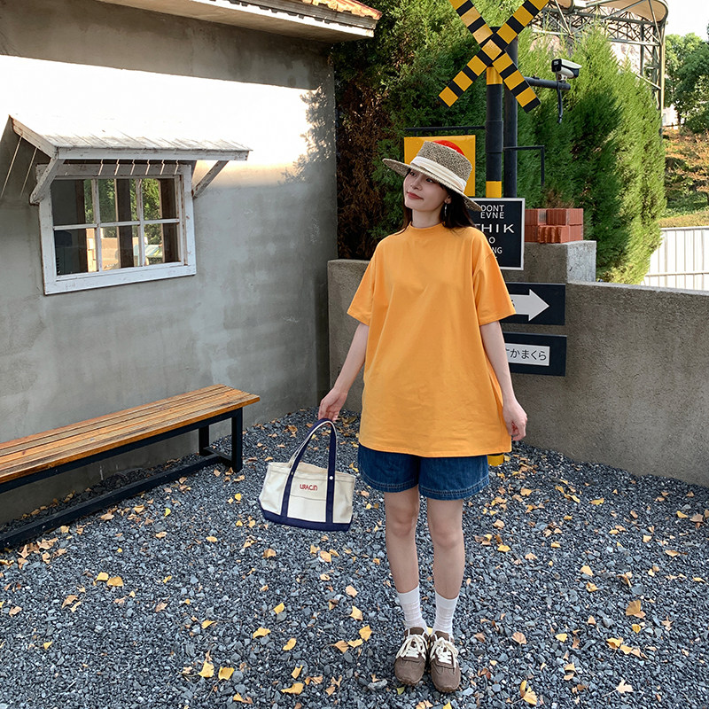 半高领短袖T恤女纯棉彩色上衣