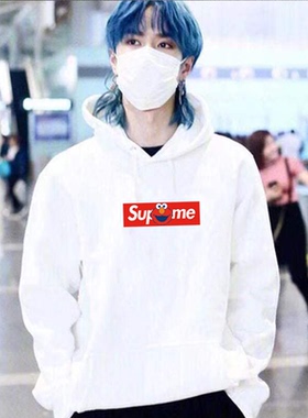 王一博同款Superme红标印花连帽卫衣男潮ins秋冬款加绒圆领情侣服