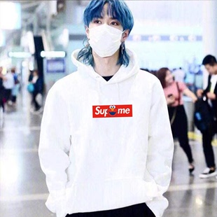 王一博同款Superme红标印花连帽卫衣男潮ins秋冬款加绒圆领情侣服