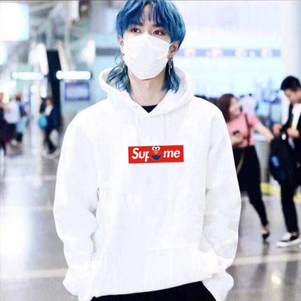 王一博同款Superme红标印花连帽卫衣男潮ins秋冬款加绒圆领情侣服