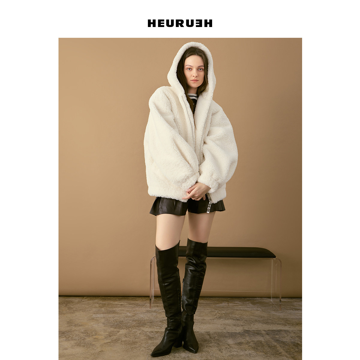 HEURUEH中长款仿羊羔毛连帽外套