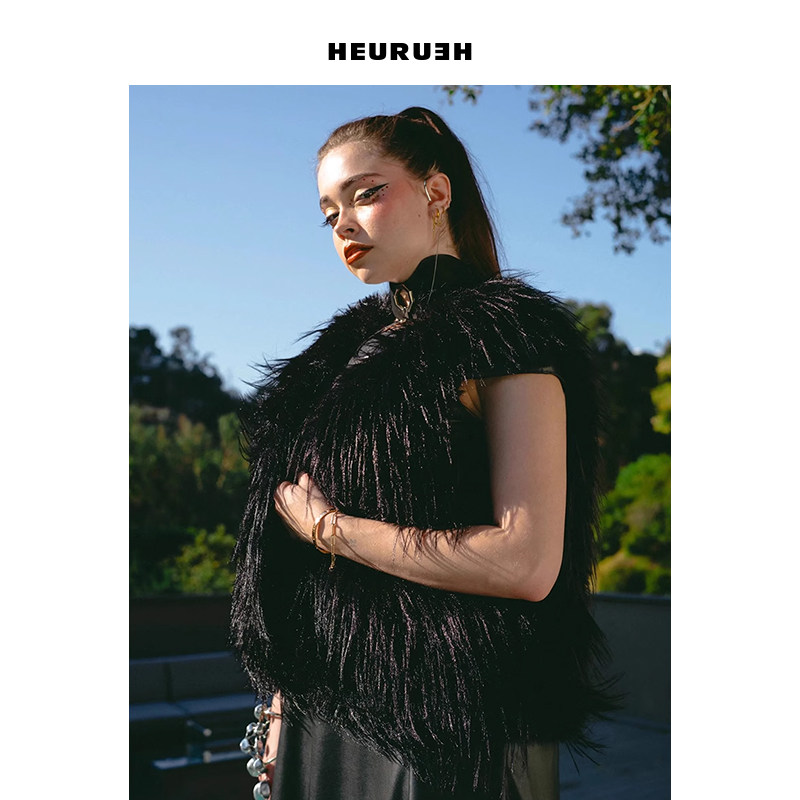Heurueh短款V领皮草马甲