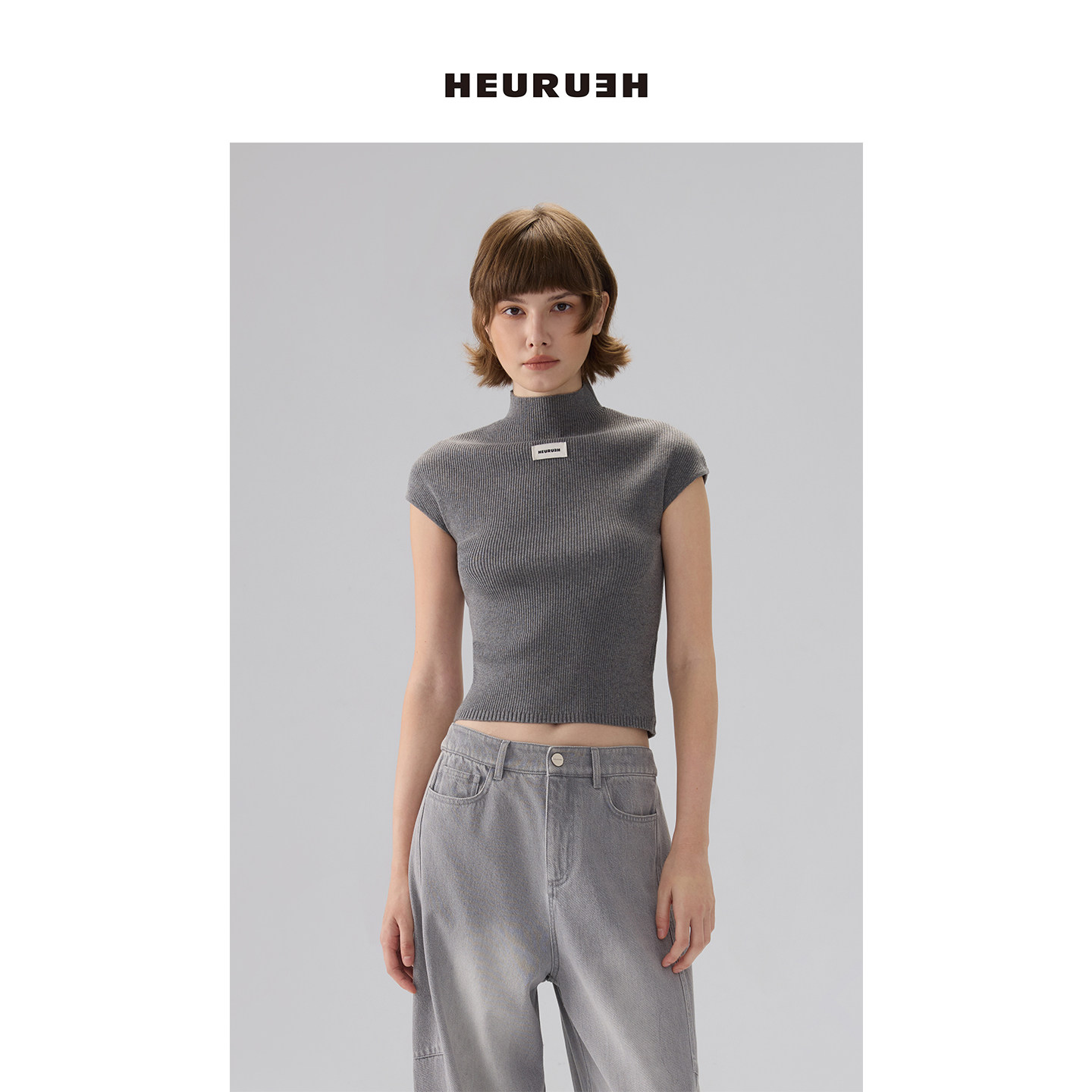 HEURUEH半高领短袖针织衫上衣