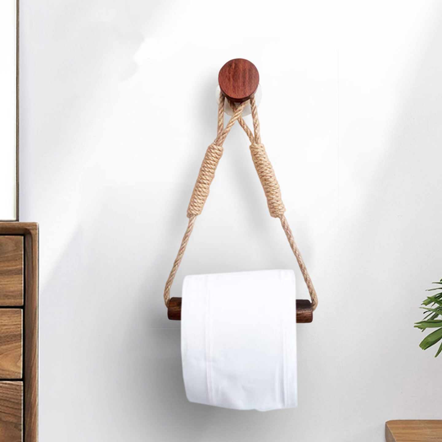 高级胡桃木色绳编制纸巾架