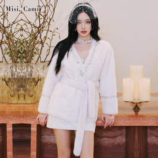 Misi.Camii2024秋冬新款女装钻链V领环保毛外套名媛风时尚感百搭