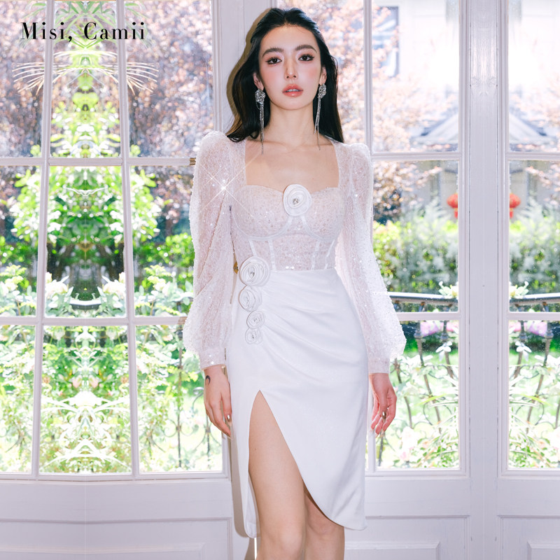 Misi.Camii2024早春新款女士名媛时尚钉珠玫瑰收腰拉褶礼服连衣裙