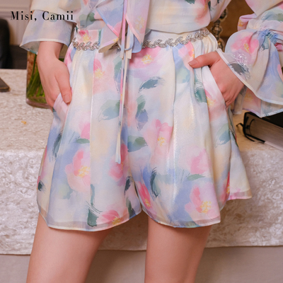 Misi.Camii钻饰印花打褶高腰短裤