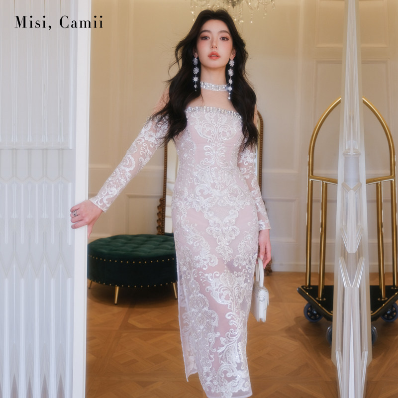 Misi,Camii重工珠片绣花长礼服裙