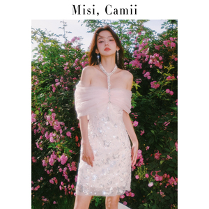 Misi.Camii钻饰蝴蝶结一字肩礼服裙法式浪漫气质复古连衣裙设计师