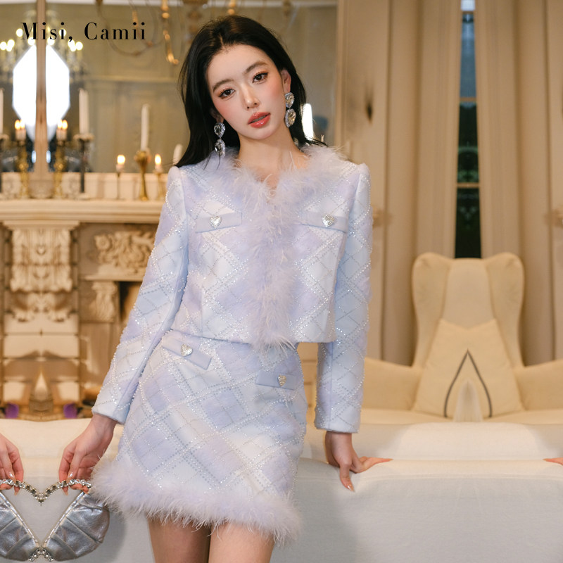 Misi,Camii小香风短款羽毛领钉珠