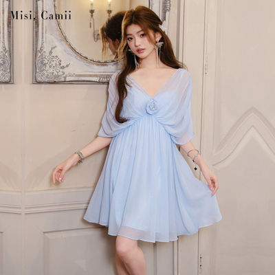 Misi.Camii烫银V领伞摆连衣裙