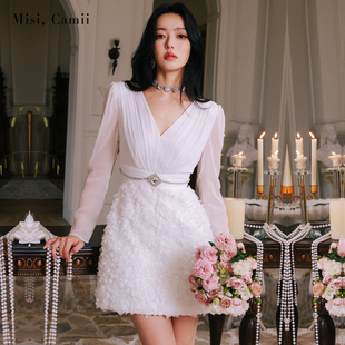 Misi.Camii2024秋季新款亮丝绉立体绣花连衣裙名媛轻奢时尚感女装