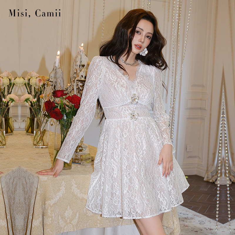 Misi.Camii2025早秋新款女装立体花烫钻蕾丝连衣裙性感气质名媛风