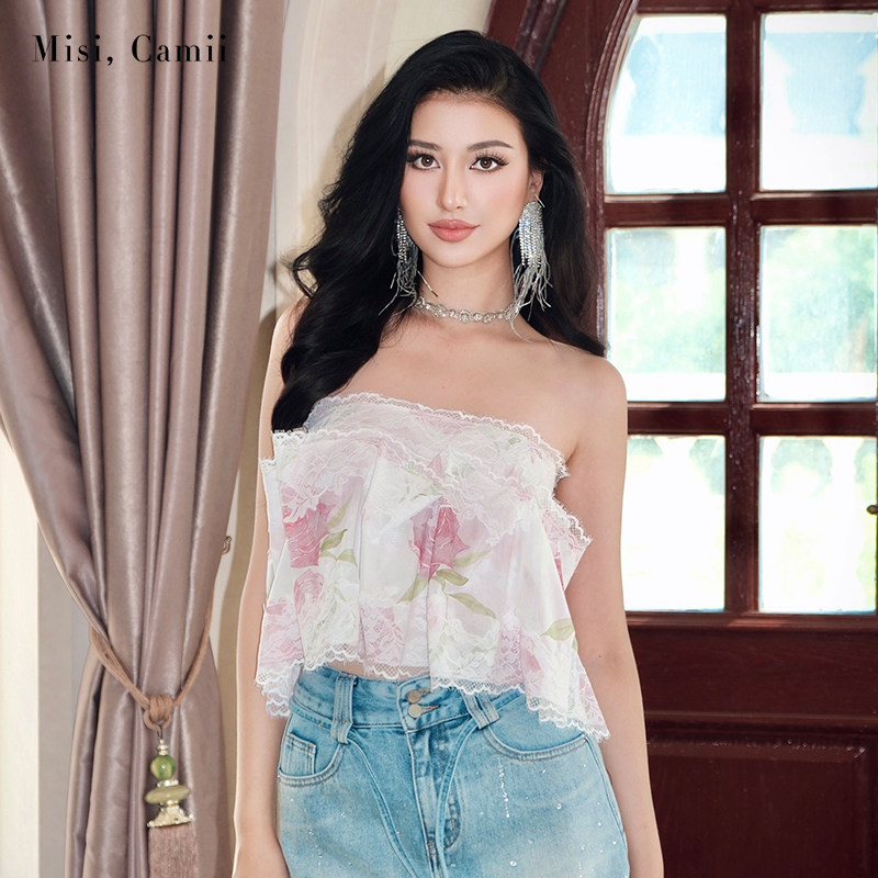 Misi.Camii玫瑰印花蕾丝抹胸上衣